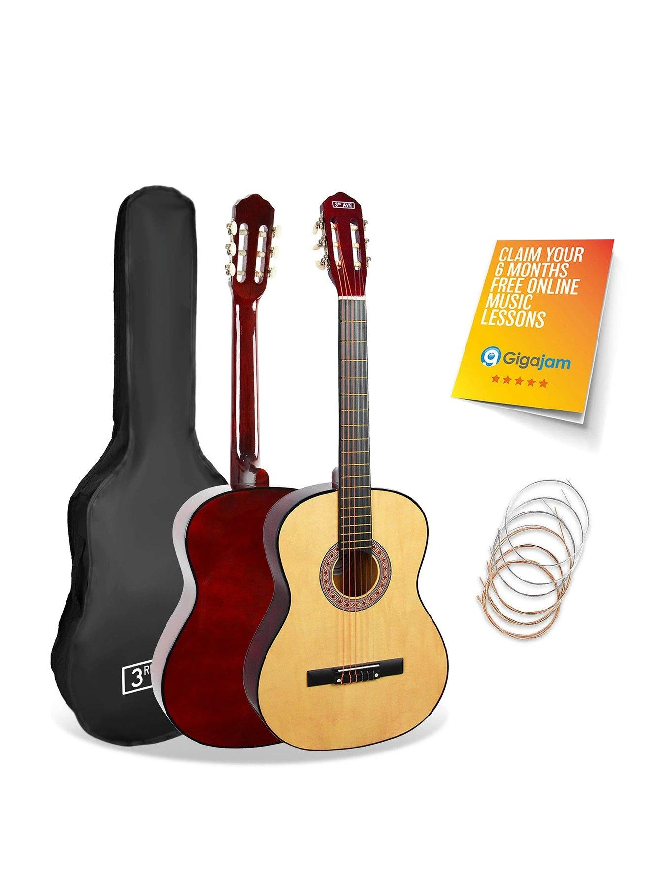 3rd Avenue Full Size 4/4 Classical Guitar Beginner Bundle - 6 Months FREE Lessons - Natural