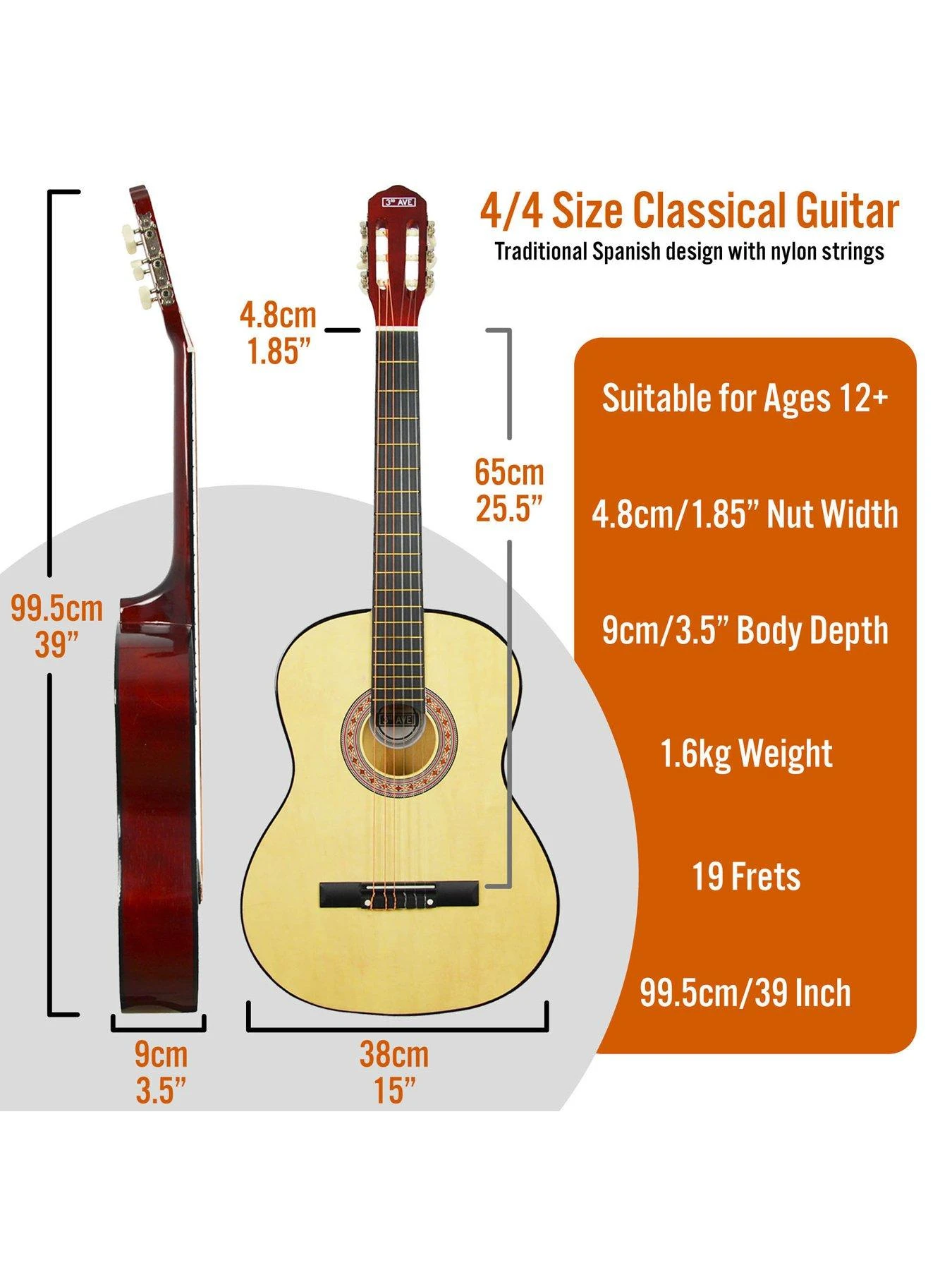 3rd Avenue Full Size 4/4 Classical Guitar Beginner Bundle - 6 Months FREE Lessons - Natural - Image 2
