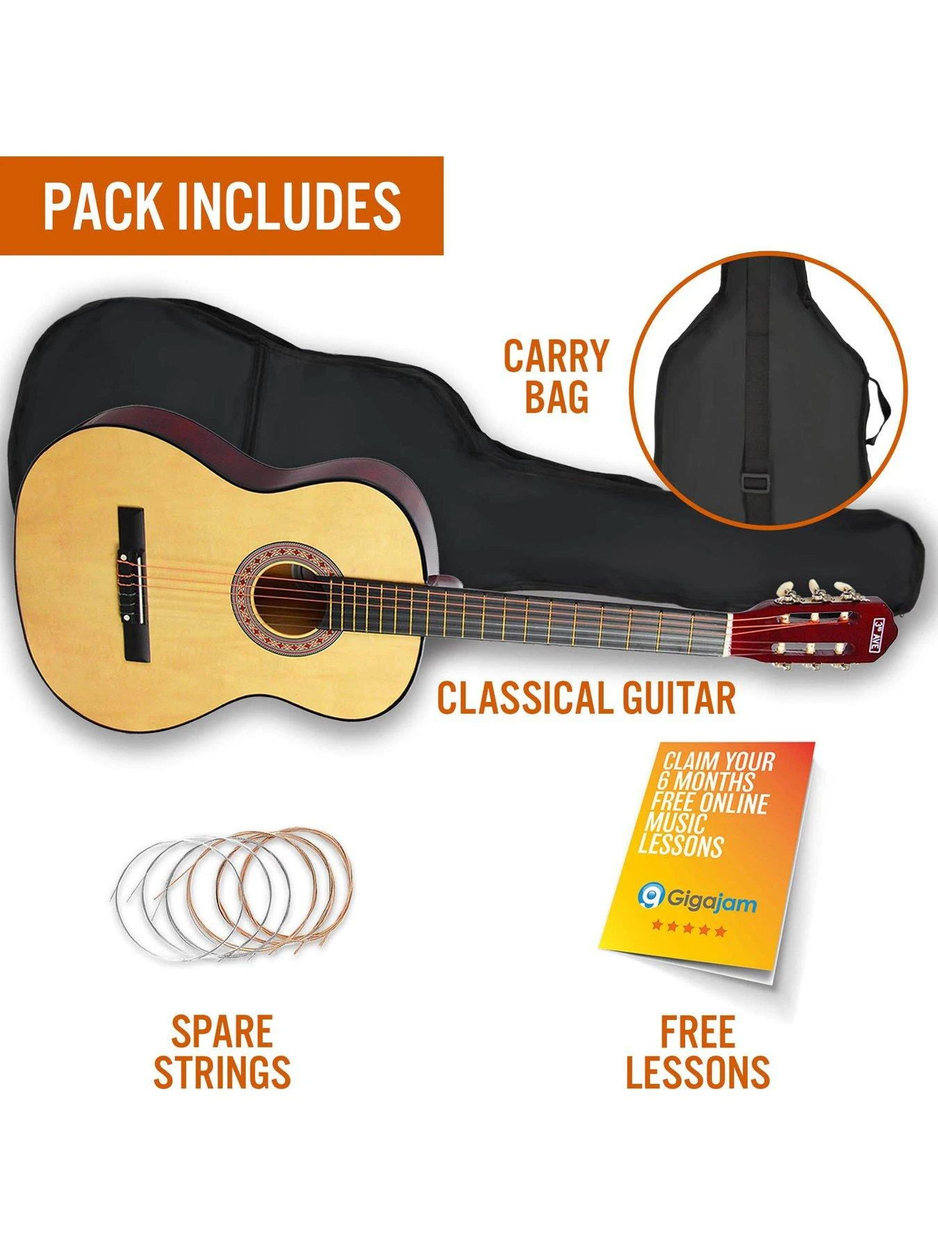 3rd Avenue Full Size 4/4 Classical Guitar Beginner Bundle - 6 Months FREE Lessons - Natural - Image 3