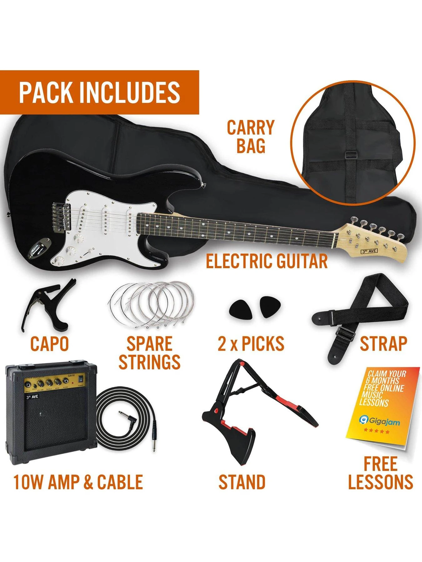 Rocket Full Size 4/4 Electric Guitar Ultimate Kit With 10W Amp - 6 Months FREE Lessons - Black - Image 3