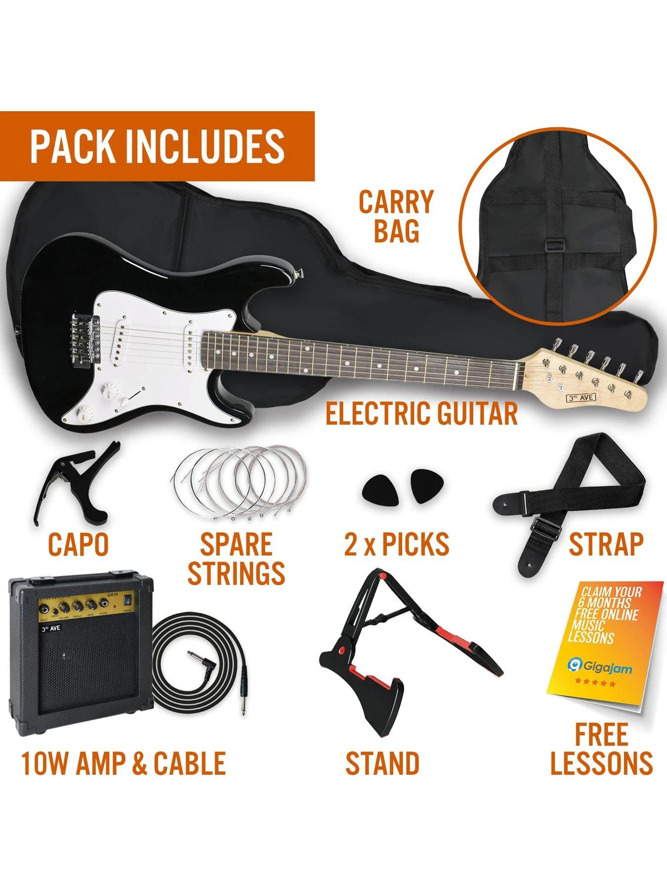 Rocket 3/4 Size Electric Guitar Ultimate Kit With 10W Amp - 6 Months FREE Lessons - Black - Image 3