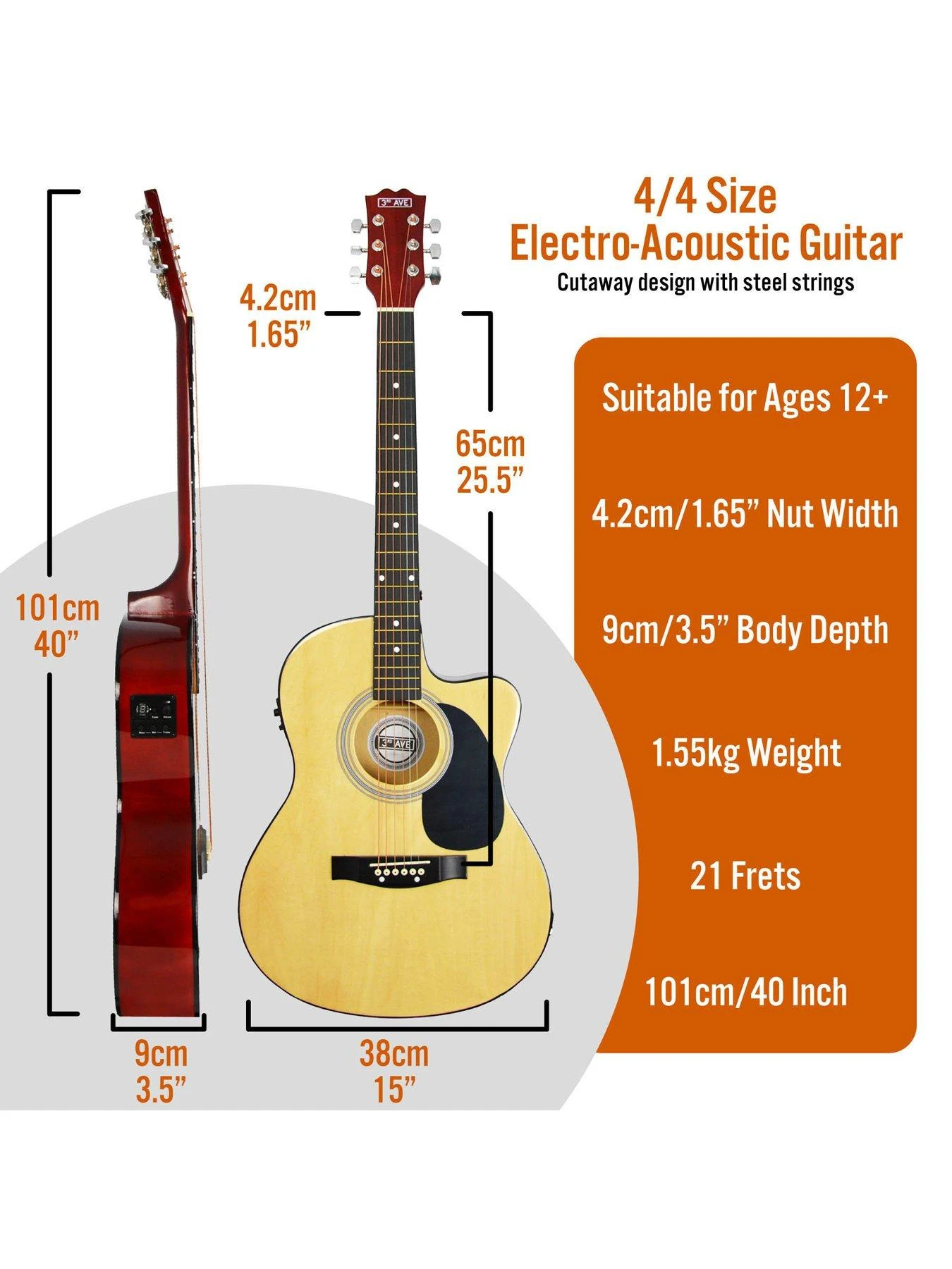 3rd Avenue Cutaway Electro Acoustic Guitar Pack With Free Online Music Lessons - Image 2