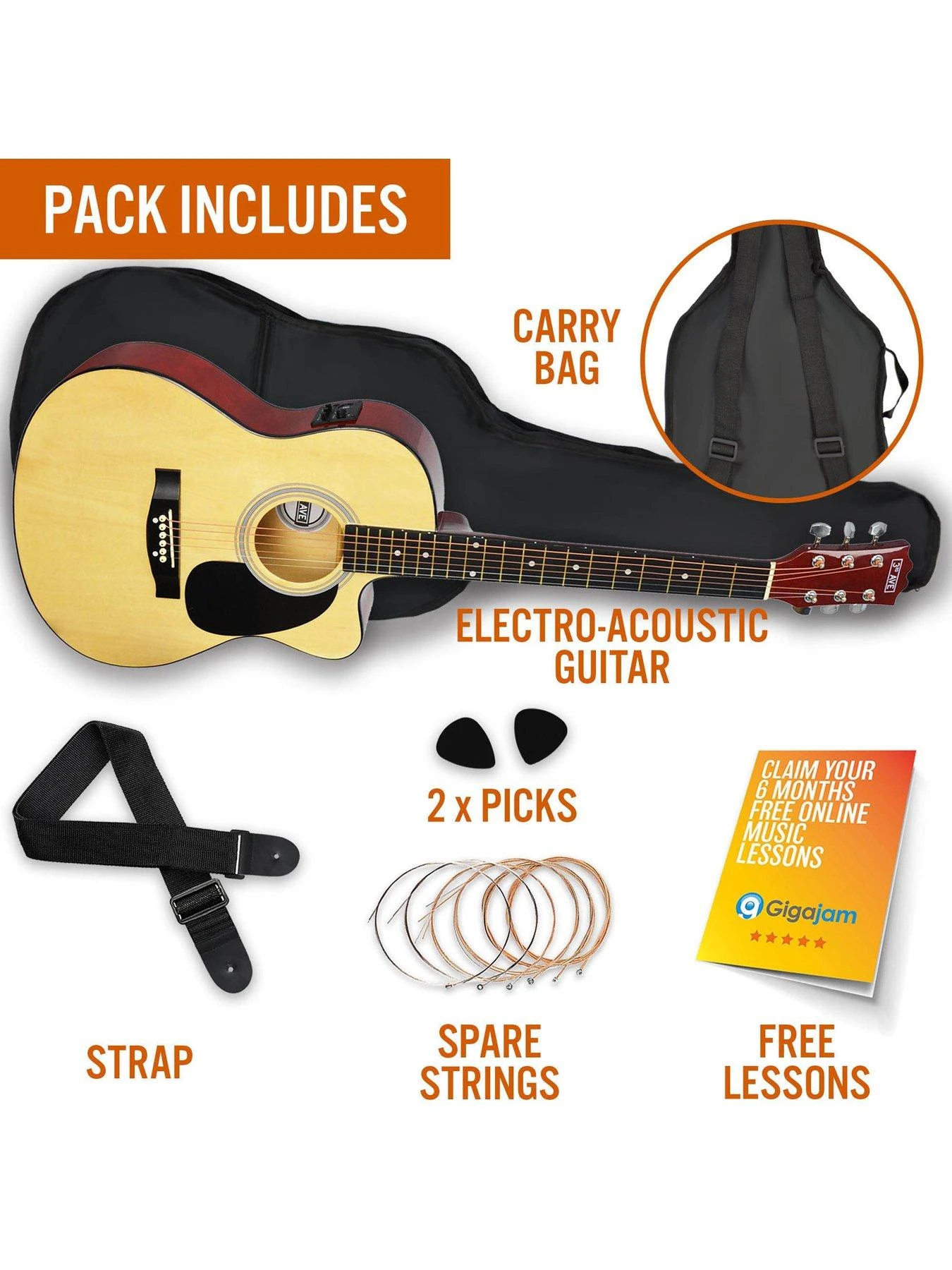 3rd Avenue Cutaway Electro Acoustic Guitar Pack With Free Online Music Lessons - Image 3
