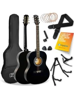 3rd Avenue Full Size 4/4 Acoustic Guitar Pack For Beginners - 6 Months FREE Lessons - Black