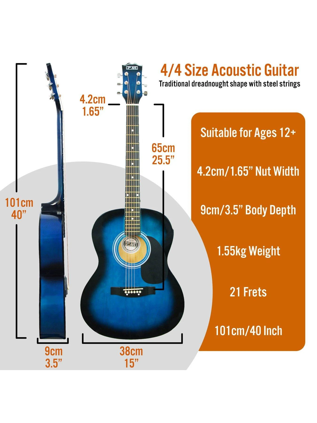 3rd Avenue Full Size 4/4 Acoustic Guitar Pack For Beginners - 6 Months FREE Lessons - Blueburst - Image 2