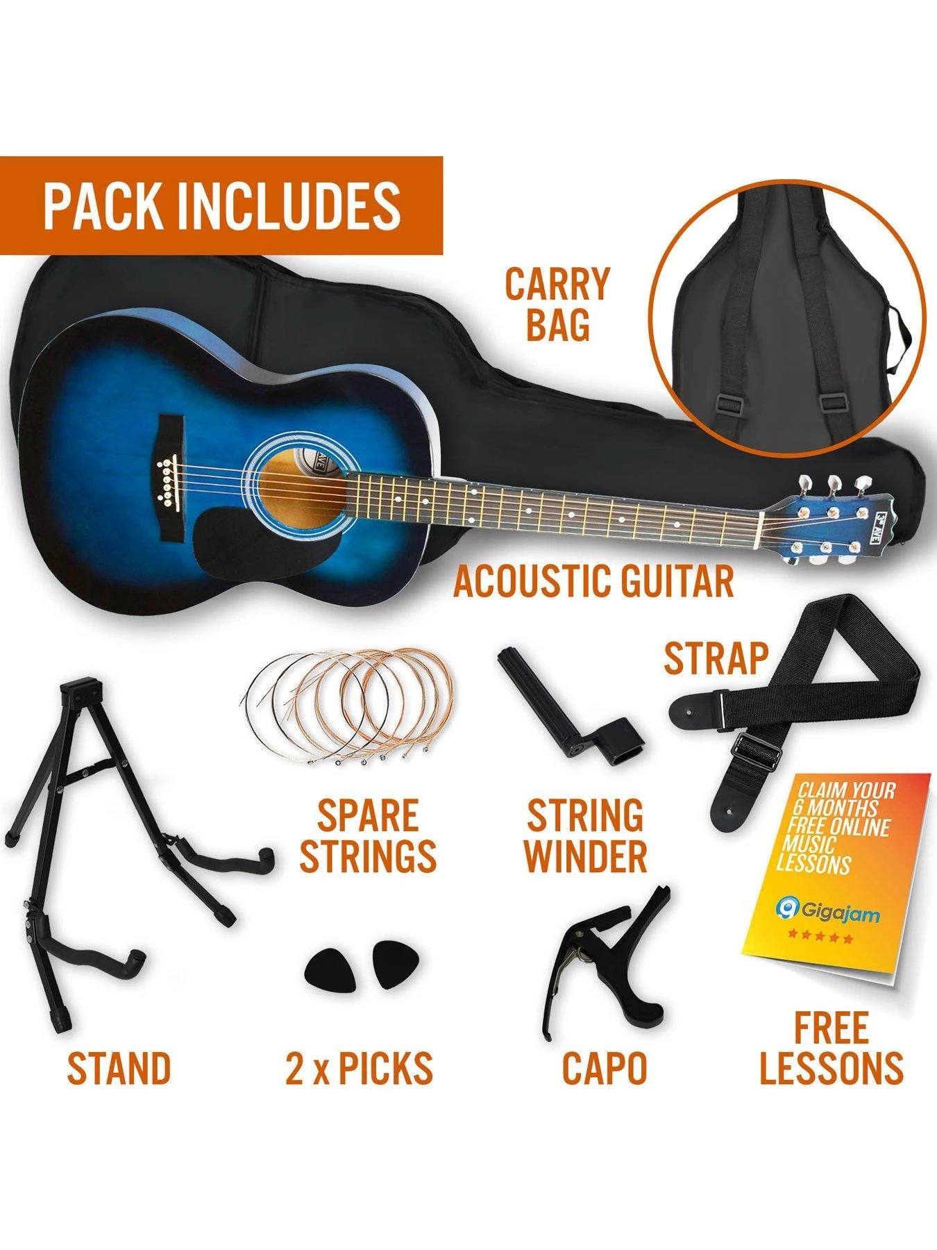 3rd Avenue Full Size 4/4 Acoustic Guitar Pack For Beginners - 6 Months FREE Lessons - Blueburst - Image 3
