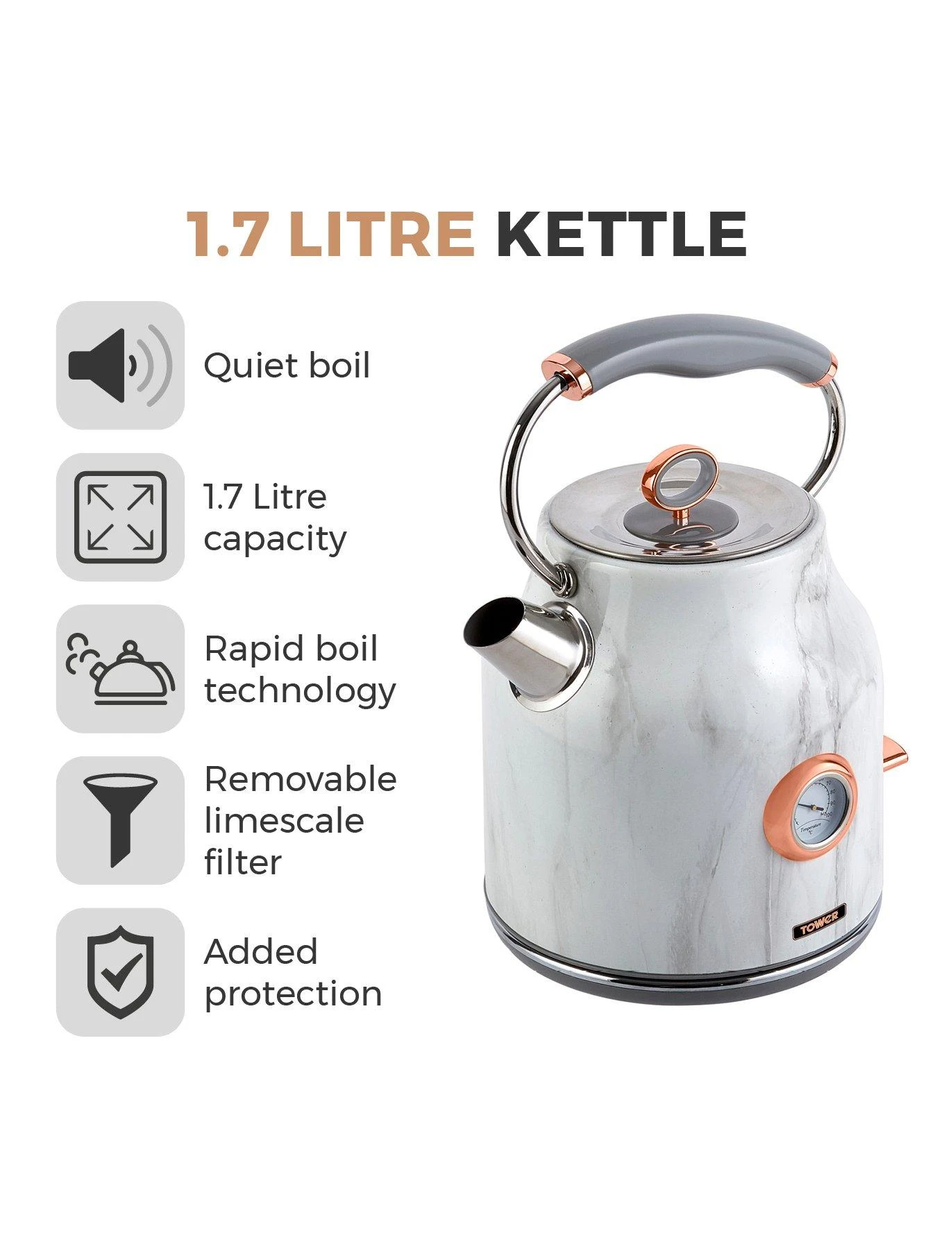 Tower 3KW 1.7L Stainless Steel Kettle - Marble Rose Gold - Image 2