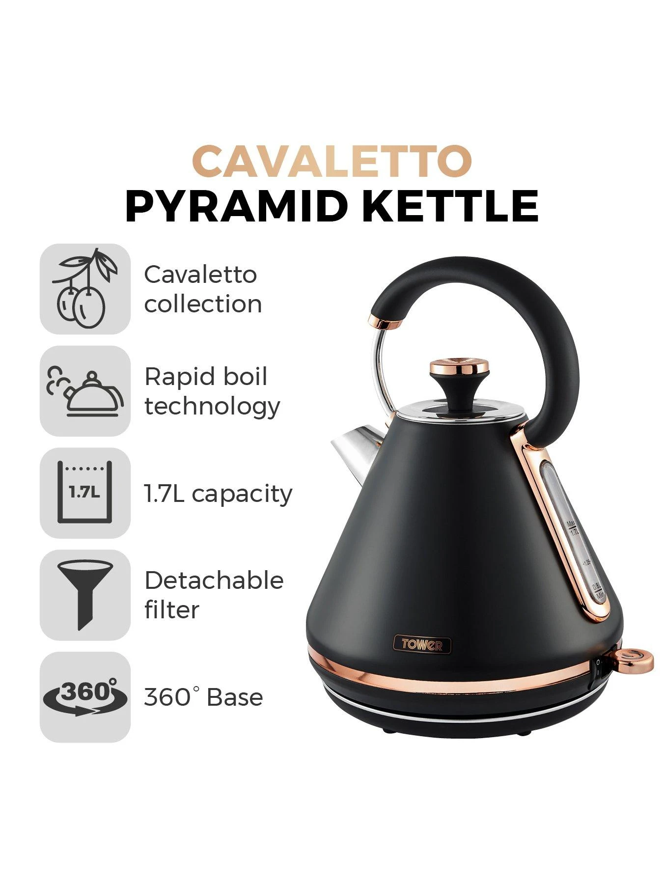 Tower Cavaletto 1.7L Pyramid Kettle - Black & Rose Gold - Image 2