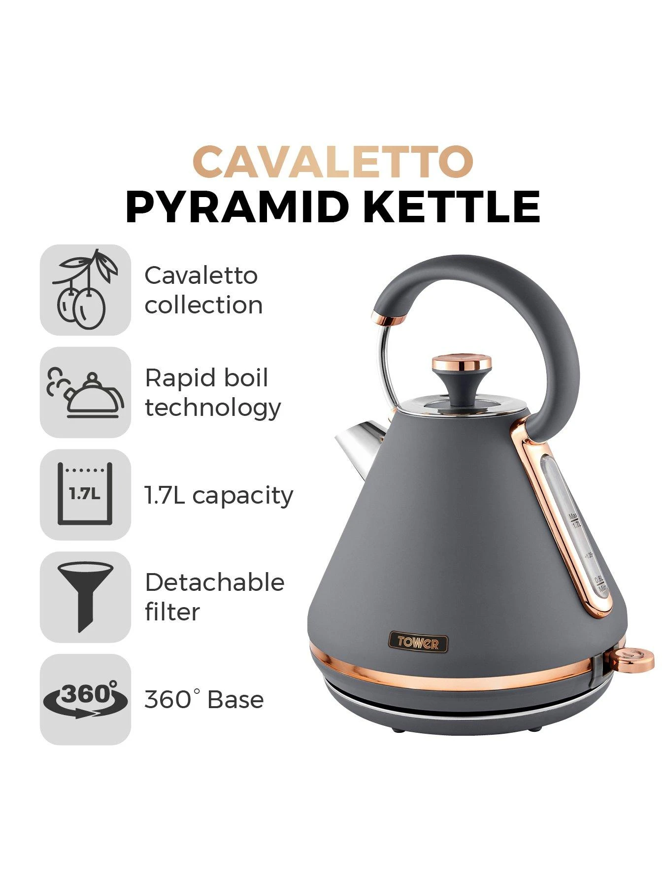 Tower Cavaletto 1.7L Pyramid Kettle - Grey & Rose Gold - Image 2