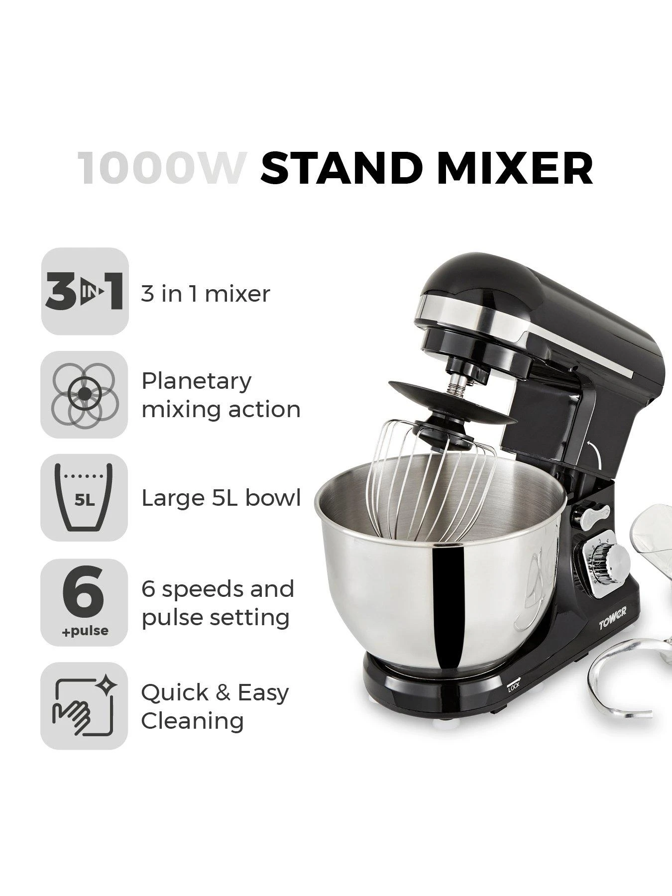 Tower 1000W Stand Mixer - Chrome - Image 2