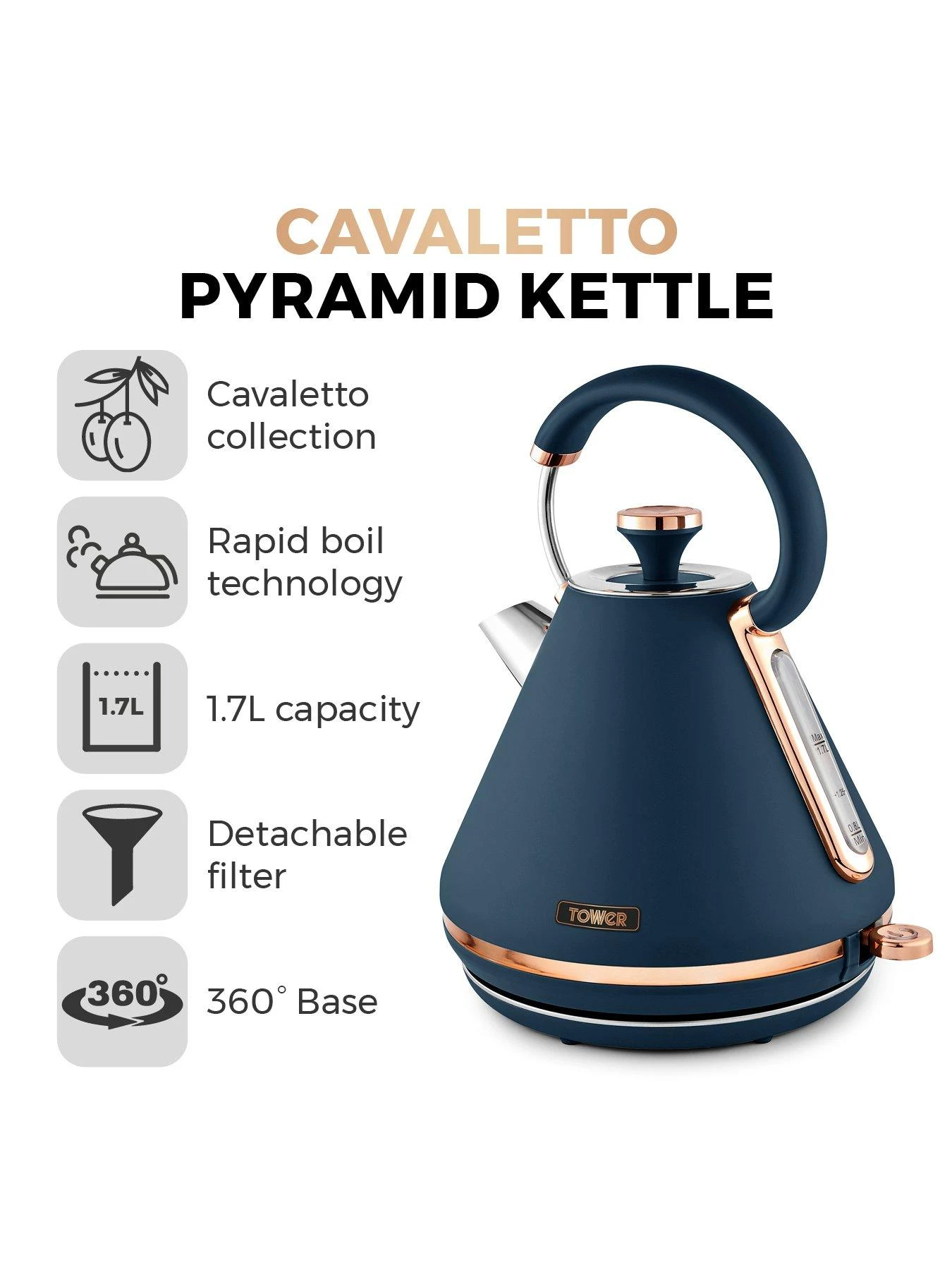 Tower Cavaletto 1.7L Pyramid KettleĀ - Midnight Blue - Image 2