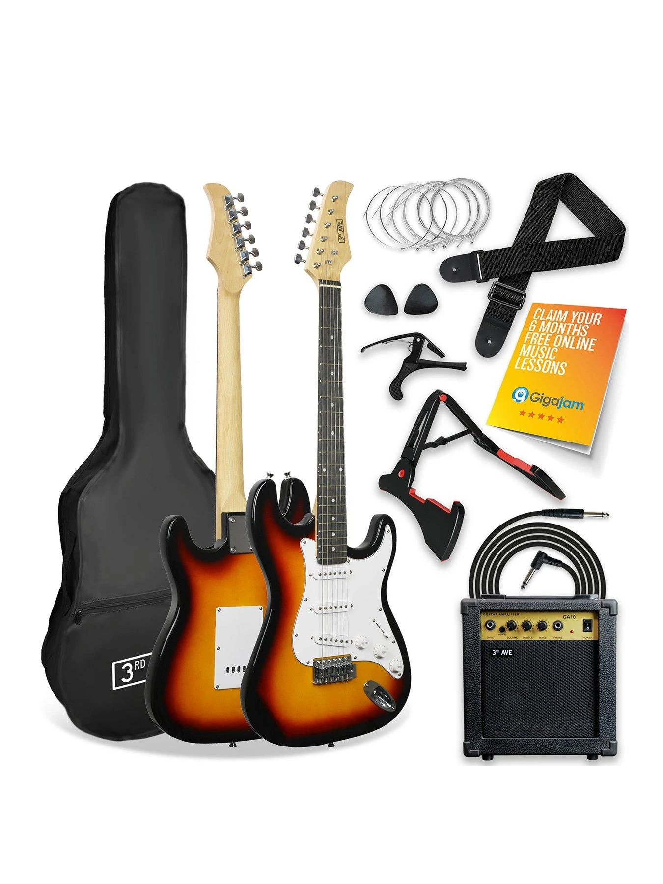 3rd Avenue Full Size 4/4 Electric Guitar Ultimate Kit With 10W Amp - 6 Months FREE Lessons - Sunburst