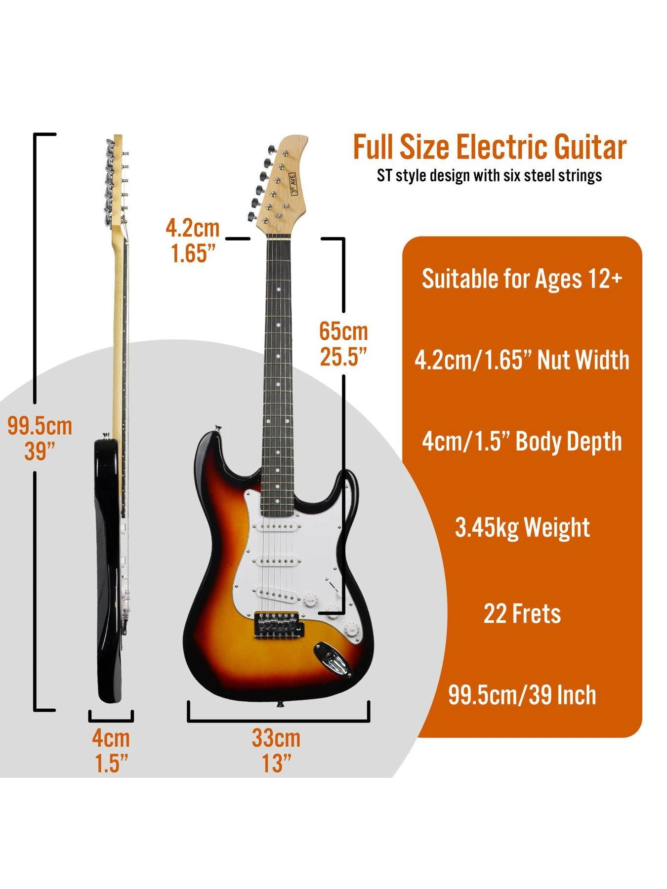 3rd Avenue Full Size 4/4 Electric Guitar Ultimate Kit With 10W Amp - 6 Months FREE Lessons - Sunburst - Image 2