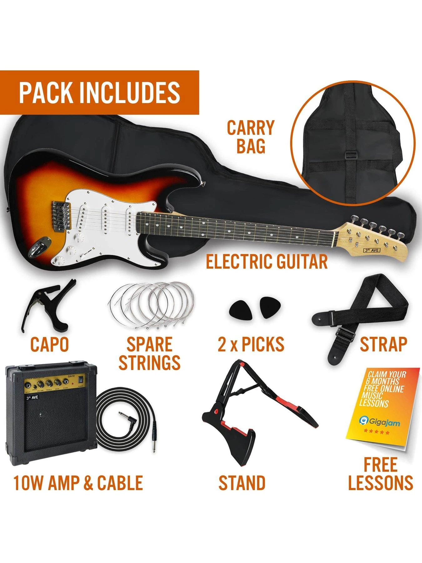 3rd Avenue Full Size 4/4 Electric Guitar Ultimate Kit With 10W Amp - 6 Months FREE Lessons - Sunburst - Image 3