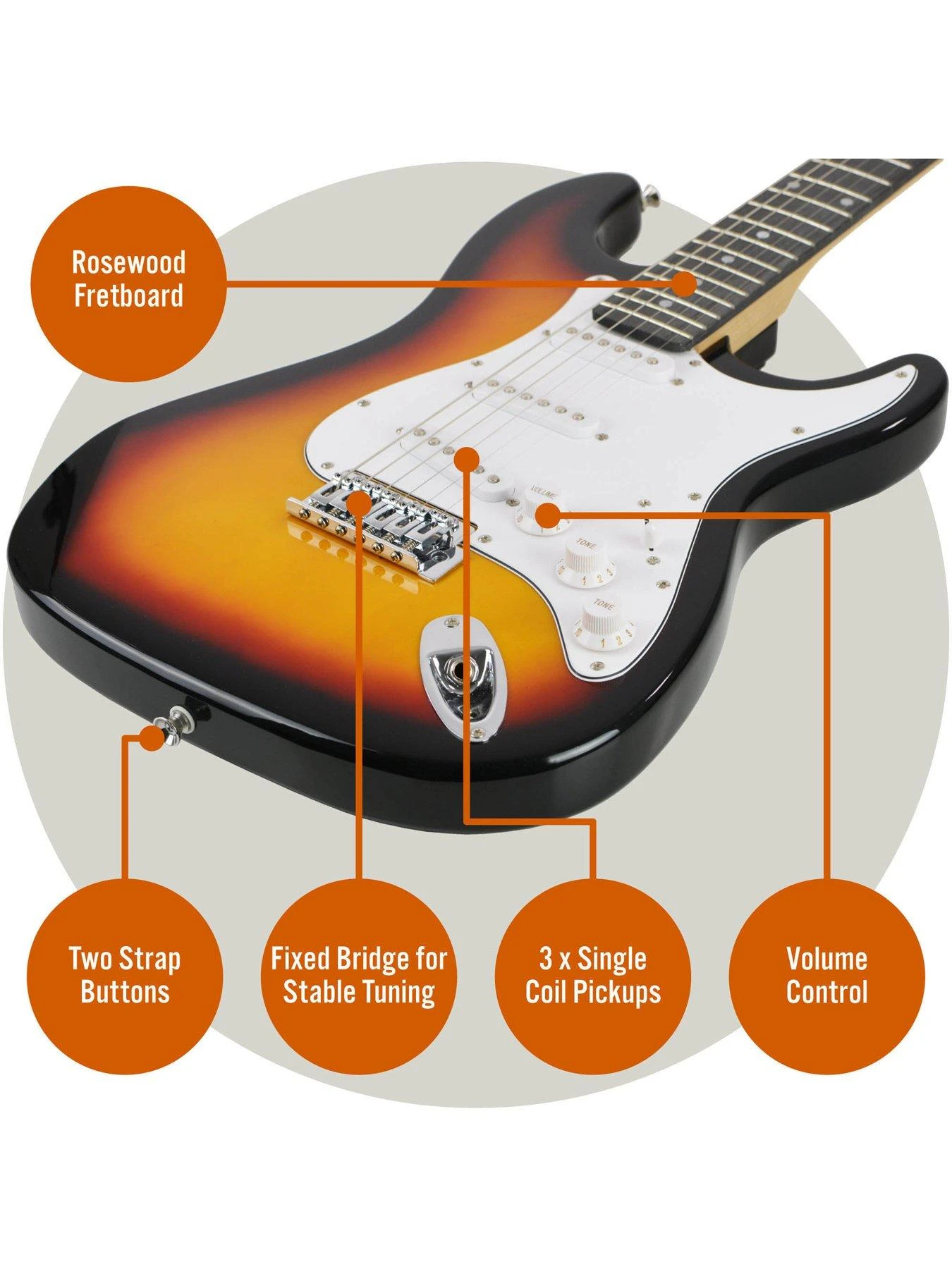 3rd Avenue Full Size 4/4 Electric Guitar Ultimate Kit With 10W Amp - 6 Months FREE Lessons - Sunburst - Image 4