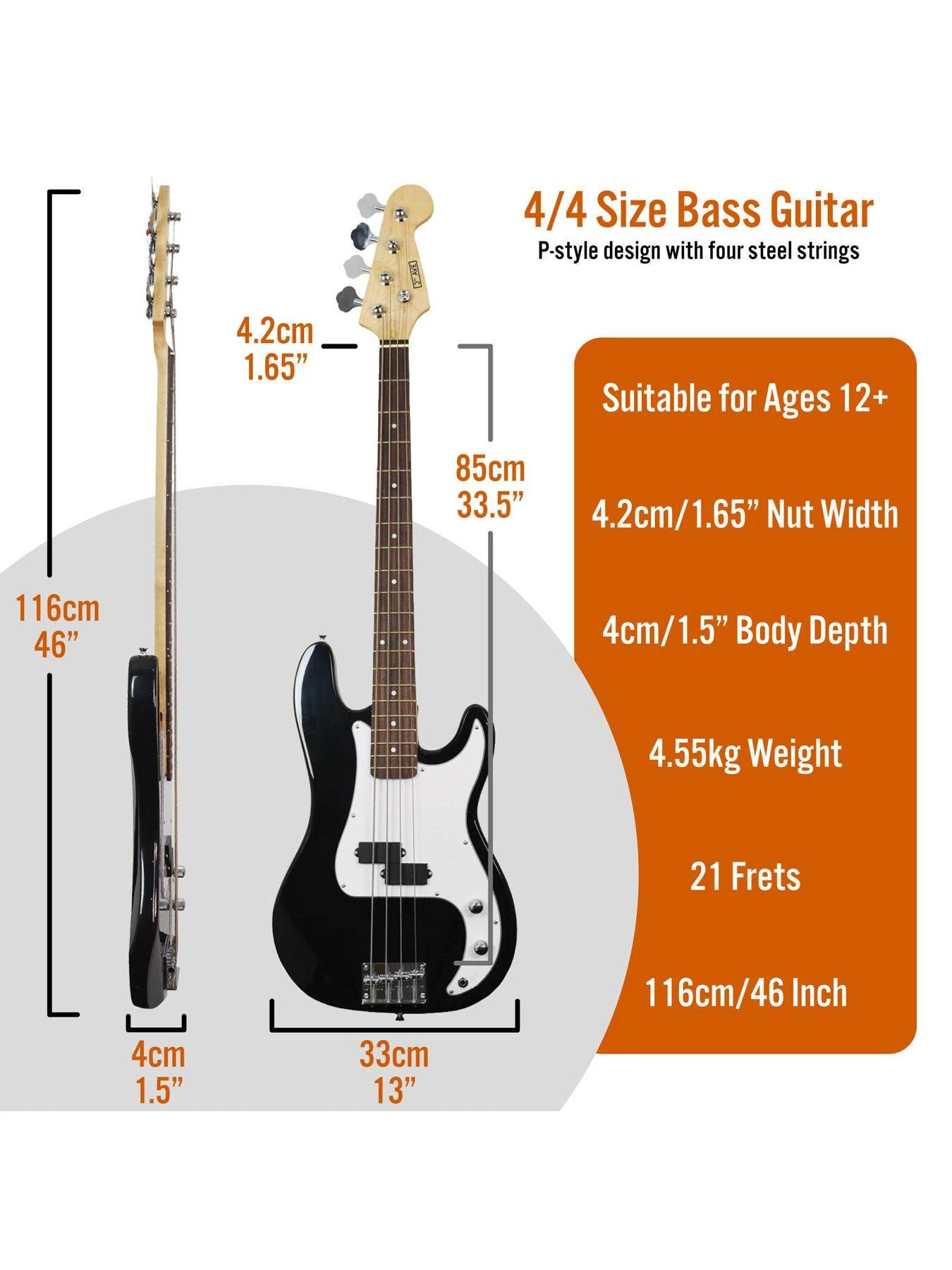 3rd Avenue Full Size Bass Guitar Ultimate Kit With 15W Amp - 6 Months FREE Lessons - Black - Image 2