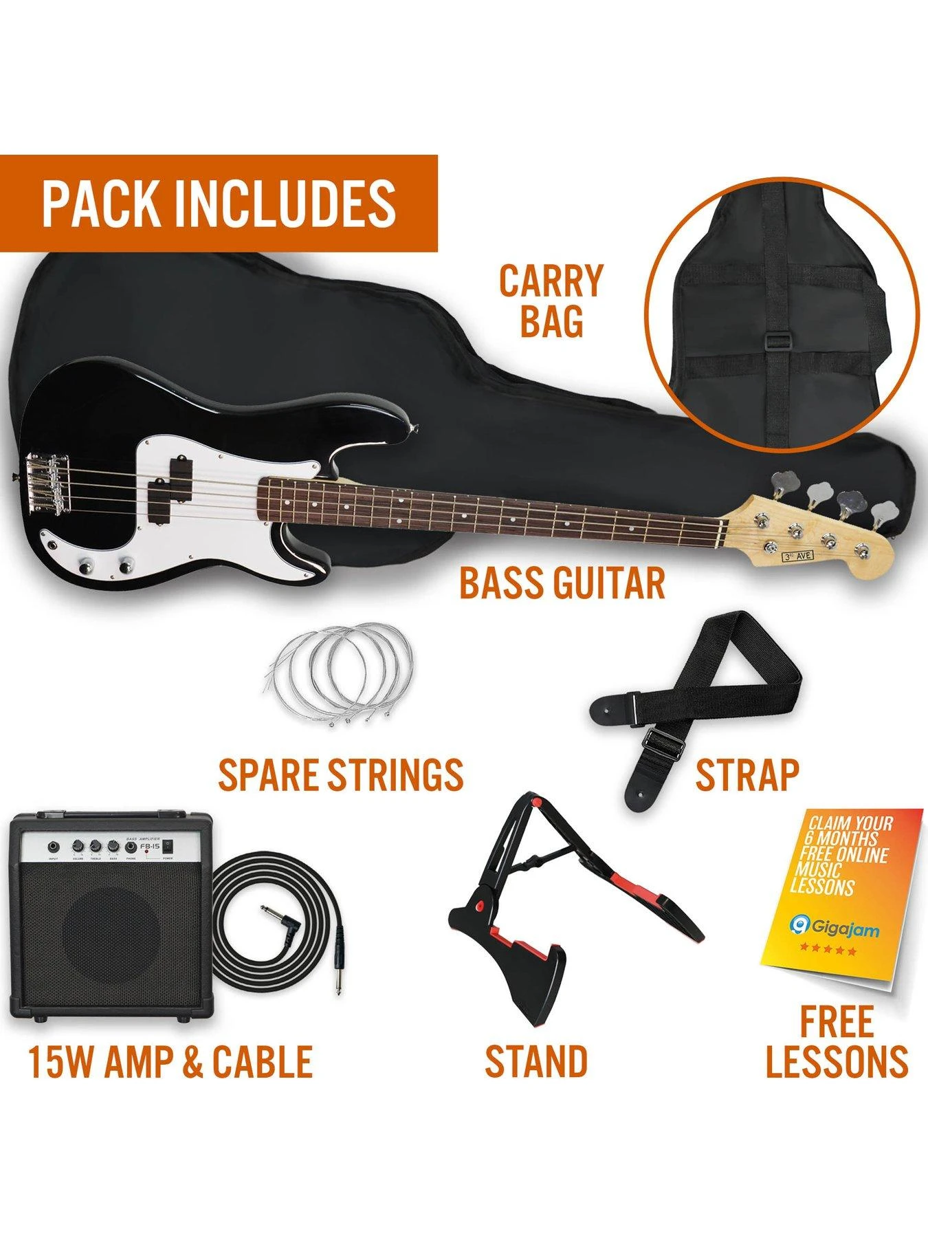 3rd Avenue Full Size Bass Guitar Ultimate Kit With 15W Amp - 6 Months FREE Lessons - Black - Image 3