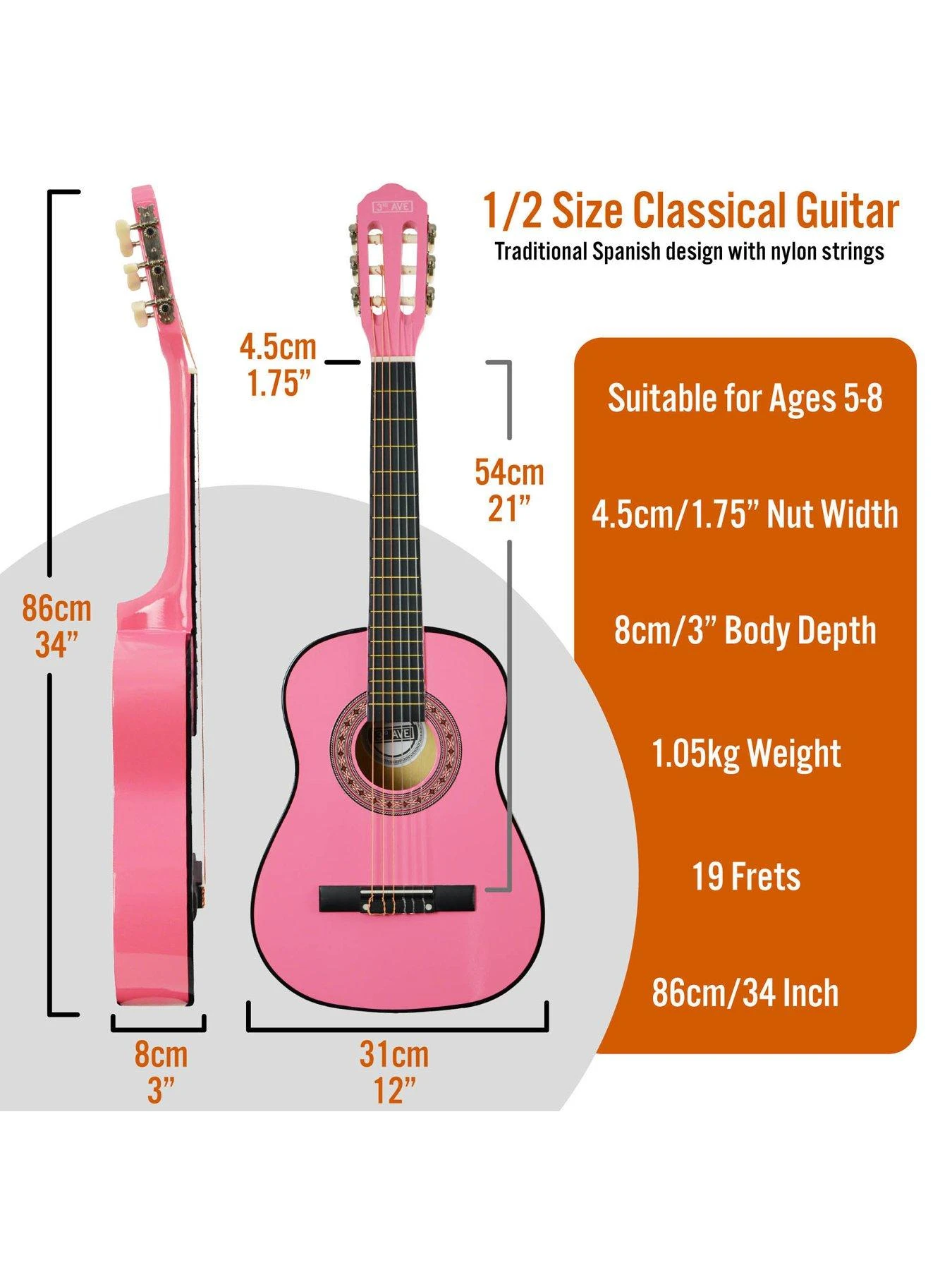 3rd Avenue 1/2 Size Kids Classical Guitar Beginner Bundle - 6 Months FREE Lessons - Pink - Image 2
