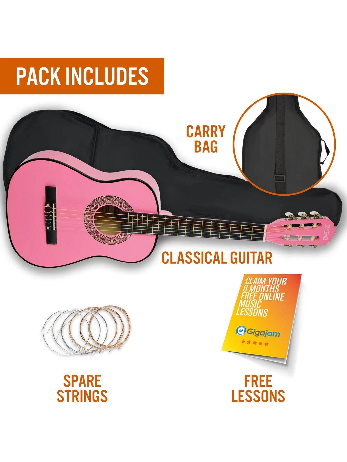 3rd Avenue 1/2 Size Kids Classical Guitar Beginner Bundle - 6 Months FREE Lessons - Pink - Image 3