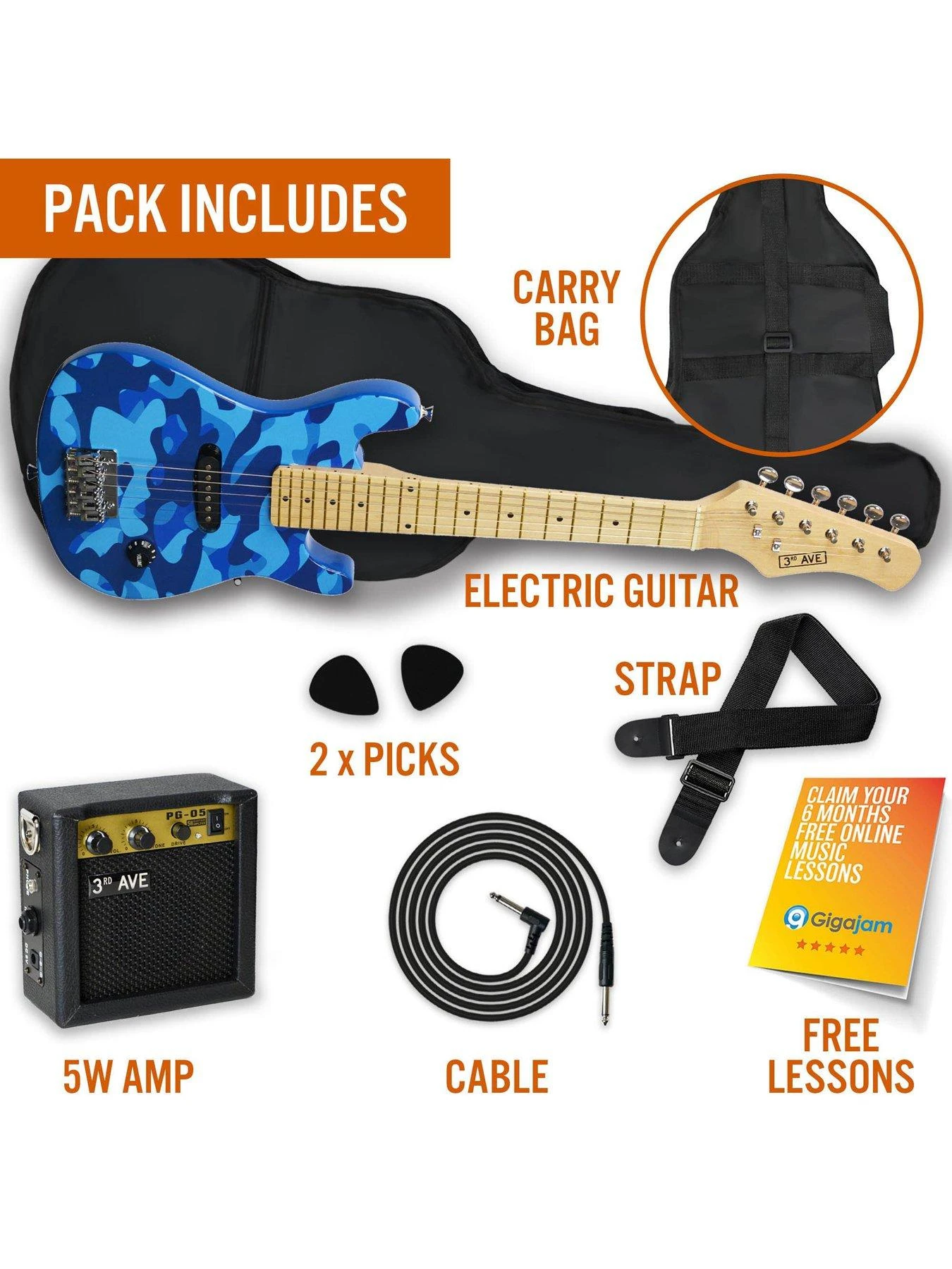 3rd Avenue Junior Electric Guitar Pack - Blue Camo - Image 3