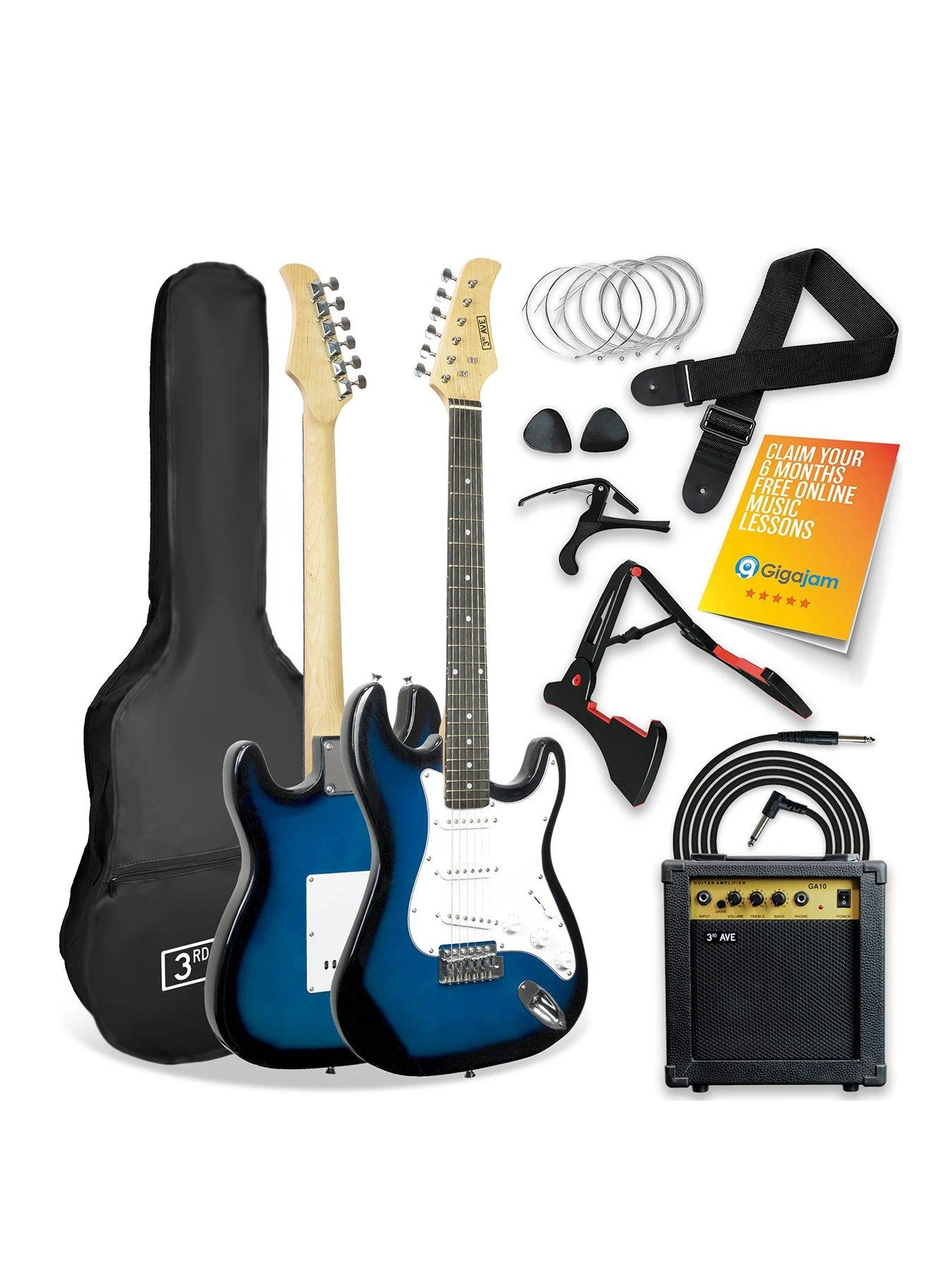 3rd Avenue Full Size 4/4 Electric Guitar Ultimate Kit With 10W Amp - 6 Months FREE Lessons - Blueburst