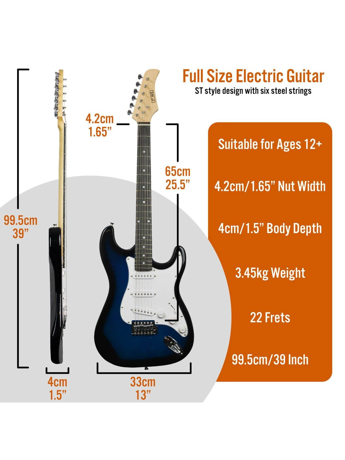 3rd Avenue Full Size 4/4 Electric Guitar Ultimate Kit With 10W Amp - 6 Months FREE Lessons - Blueburst - Image 2
