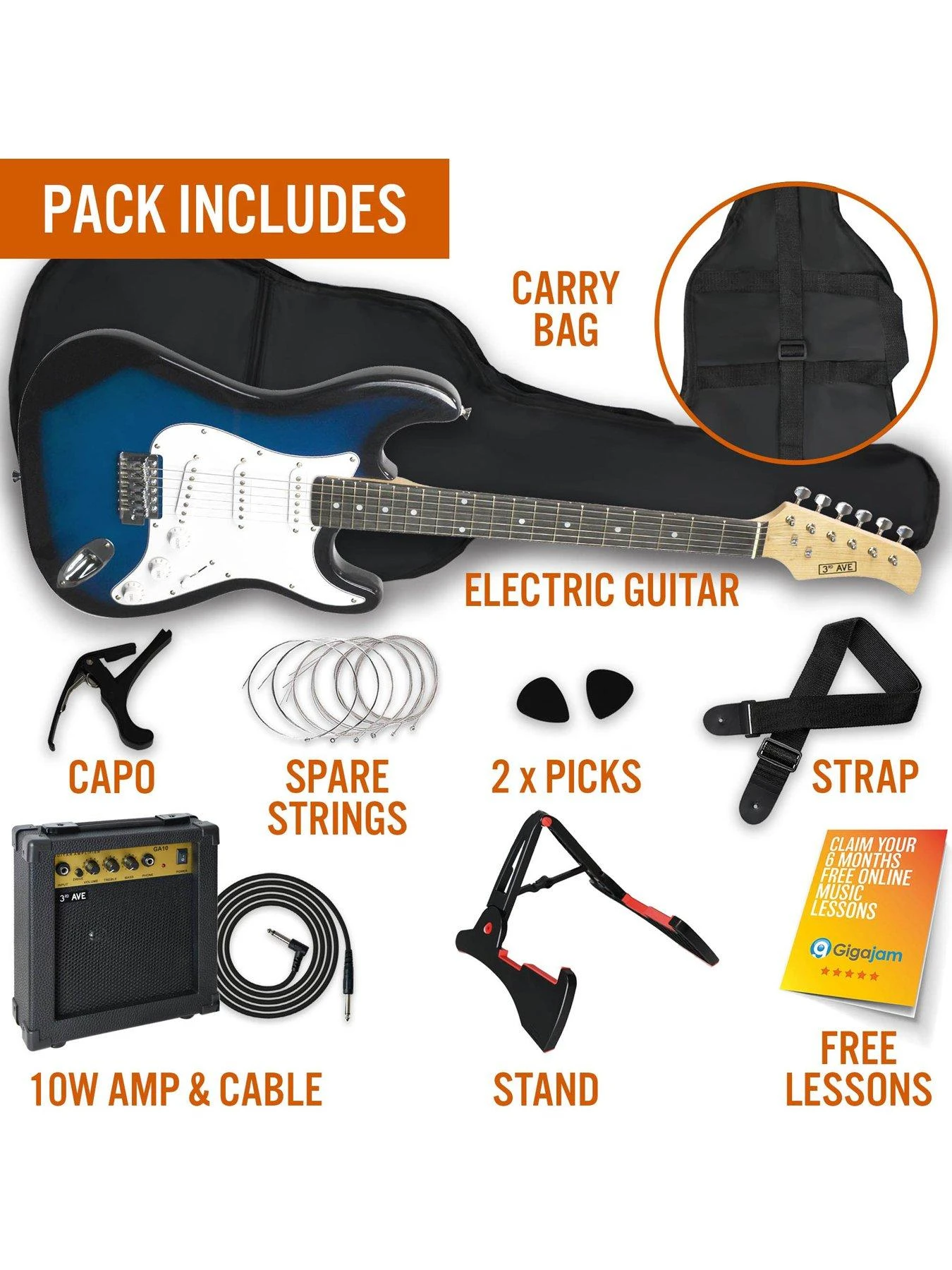 3rd Avenue Full Size 4/4 Electric Guitar Ultimate Kit With 10W Amp - 6 Months FREE Lessons - Blueburst - Image 3