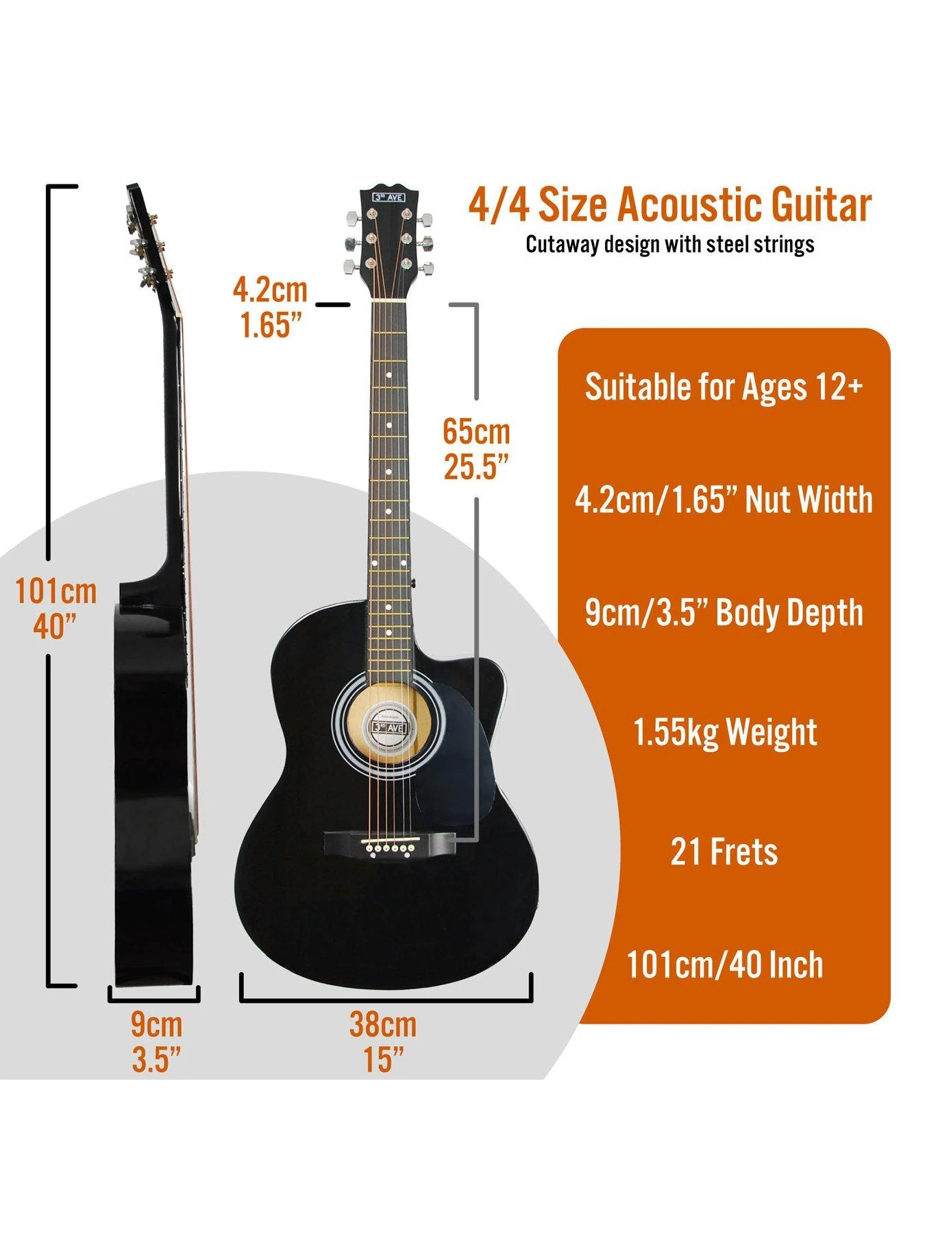 3rd Avenue Cutaway Acoustic Guitar Pack - Black - Image 2