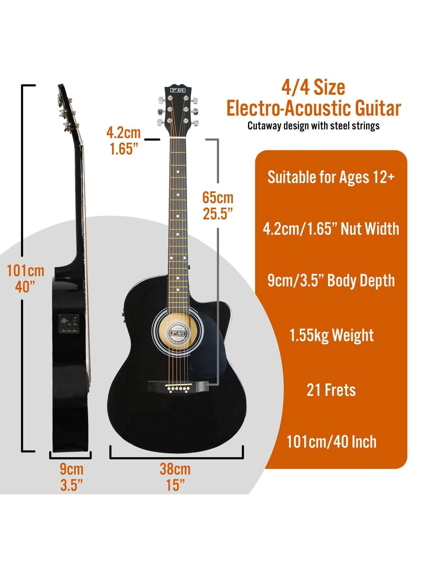 3rd Avenue Cutaway Electro Acoustic Guitar Pack - Black - Image 2