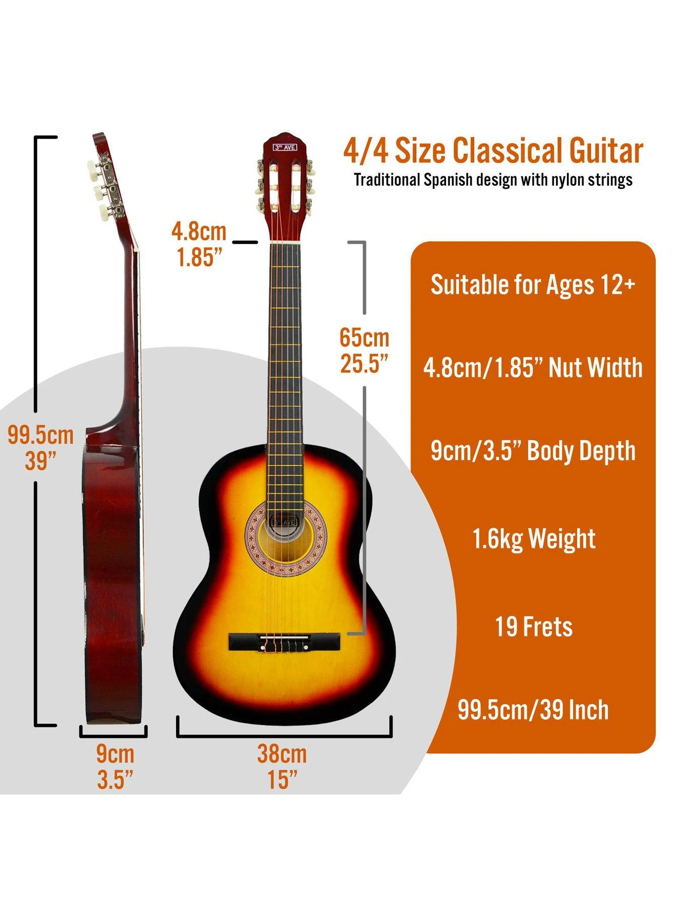 3rd Avenue Full Size 4/4 Classical Guitar Beginner Bundle - 6 Months FREE Lessons - Sunburst - Image 2