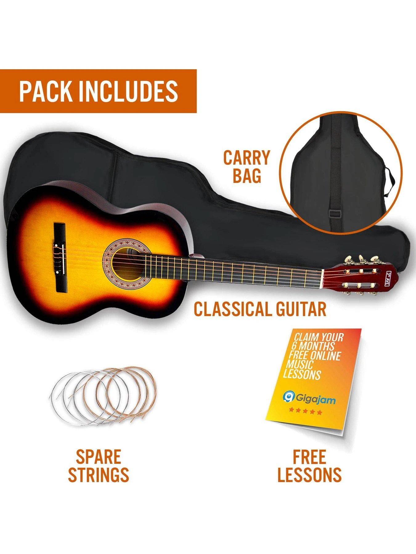 3rd Avenue Full Size 4/4 Classical Guitar Beginner Bundle - 6 Months FREE Lessons - Sunburst - Image 3