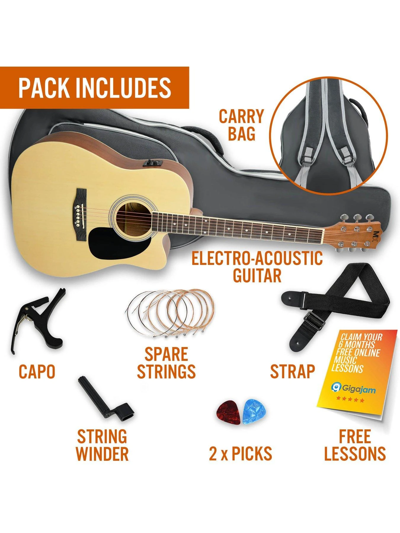 MX Cutaway Electro Acoustic Guitar Pack - Natural - Image 3