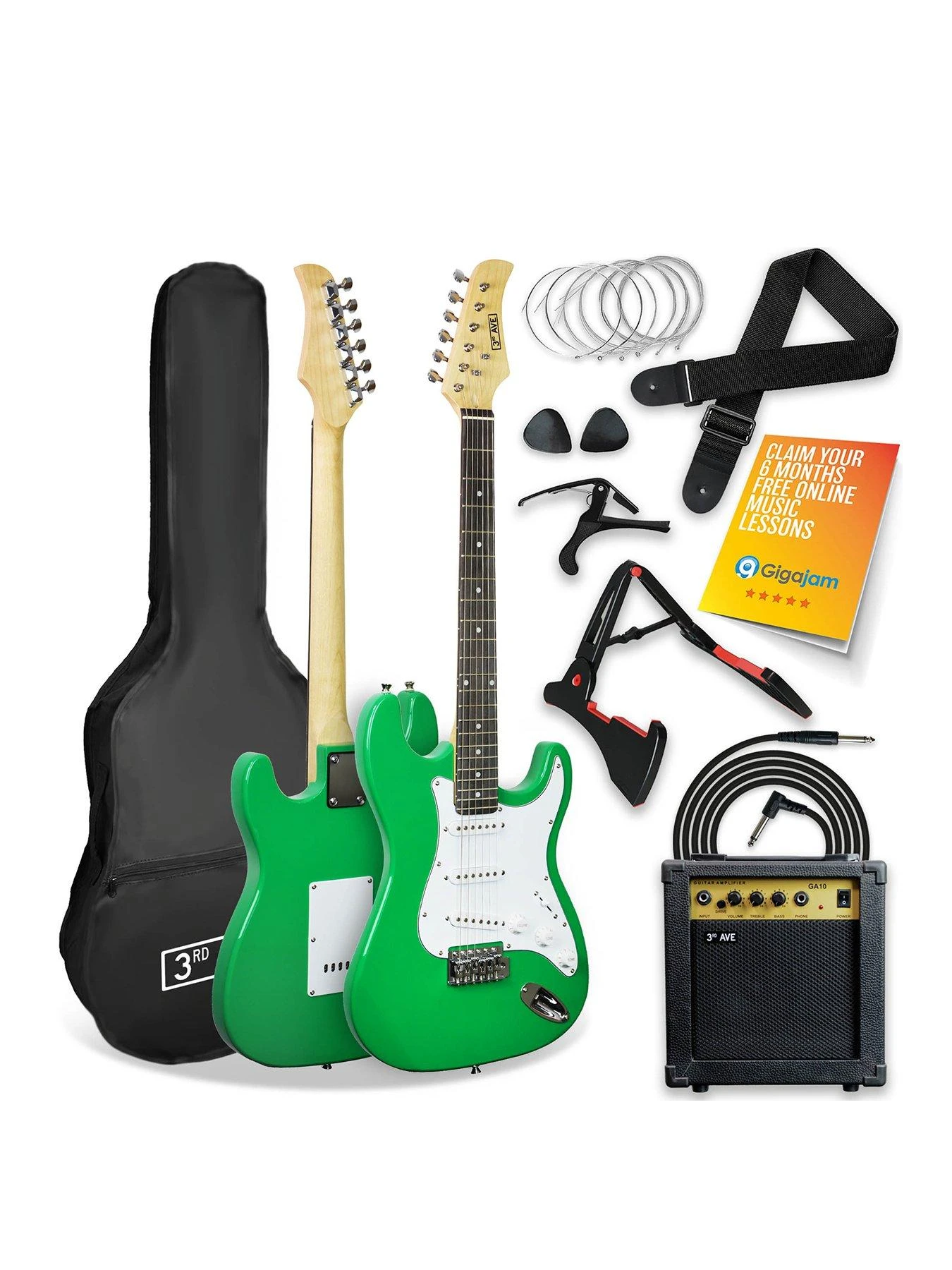 Full Size 4/4 Electric Guitar Ultimate Kit With 10W Amp - 6 Months FREE Lessons - Green