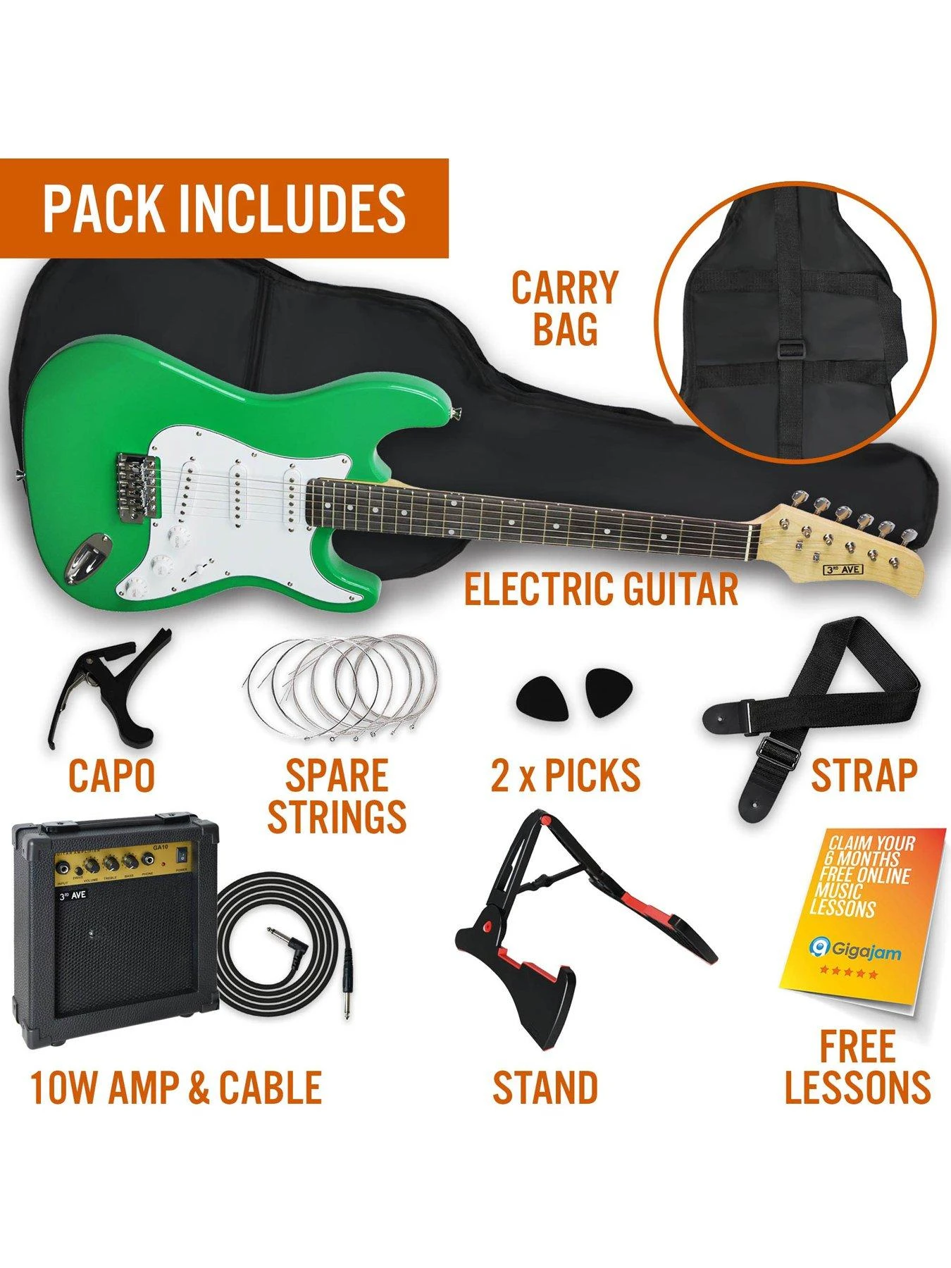 Full Size 4/4 Electric Guitar Ultimate Kit With 10W Amp - 6 Months FREE Lessons - Green - Image 3