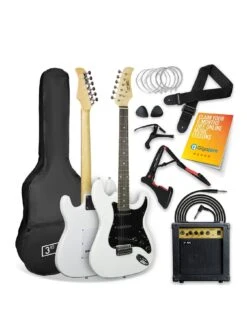 Full Size 4/4 Electric Guitar Ultimate Kit With 10W Amp - 6 Months FREE Lessons - White