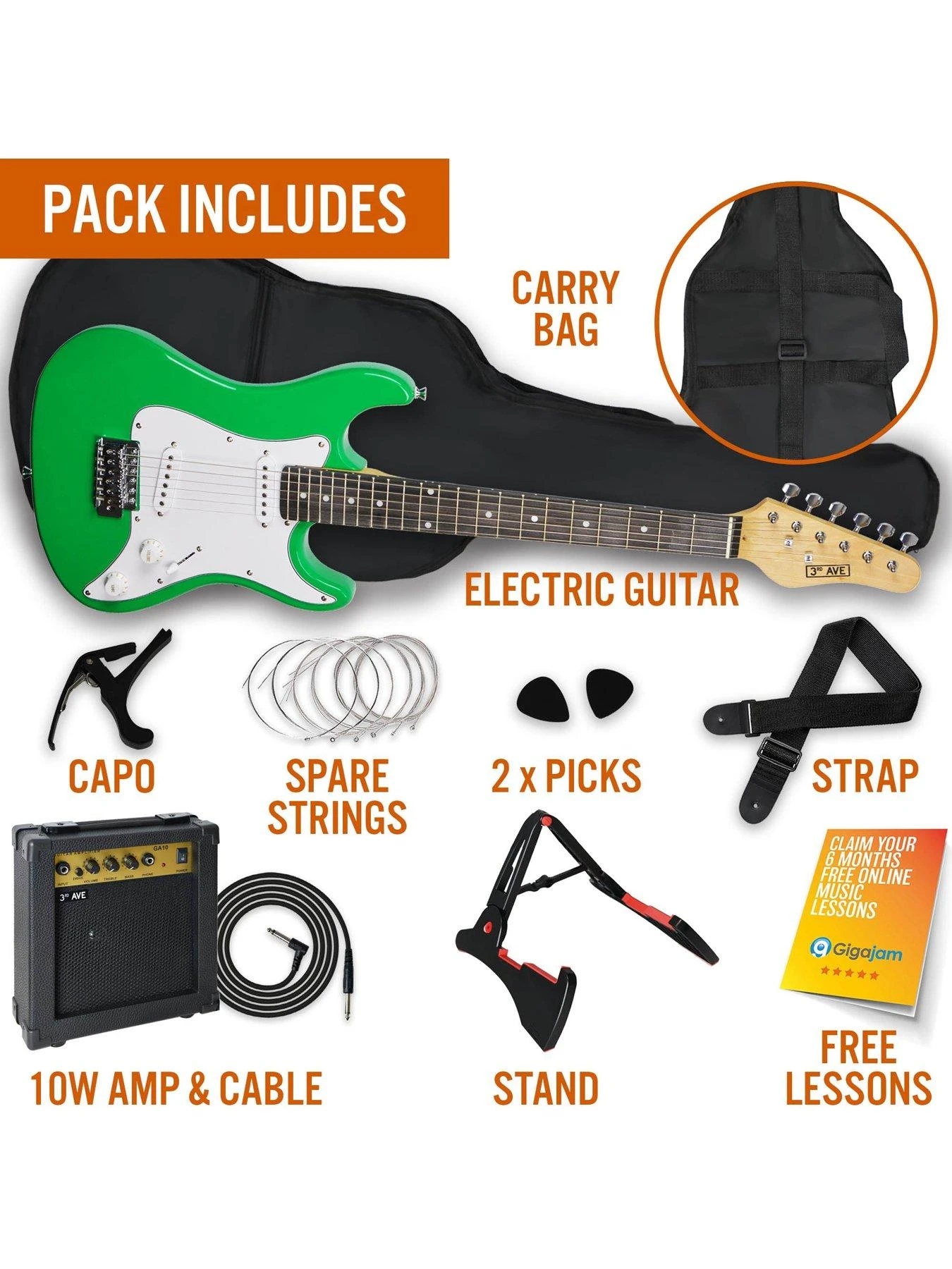 3/4 Size Electric Guitar Ultimate Kit With 10W Amp - 6 Months FREE Lessons - Green - Image 3