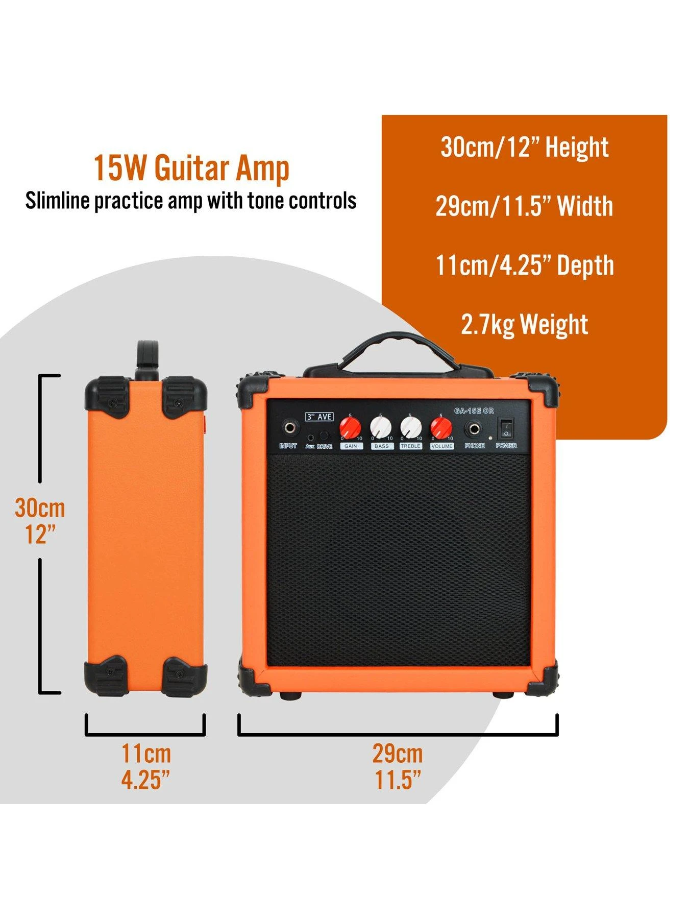 3rd Avenue 15W Electric Guitar Amplifier - Orange - Image 2