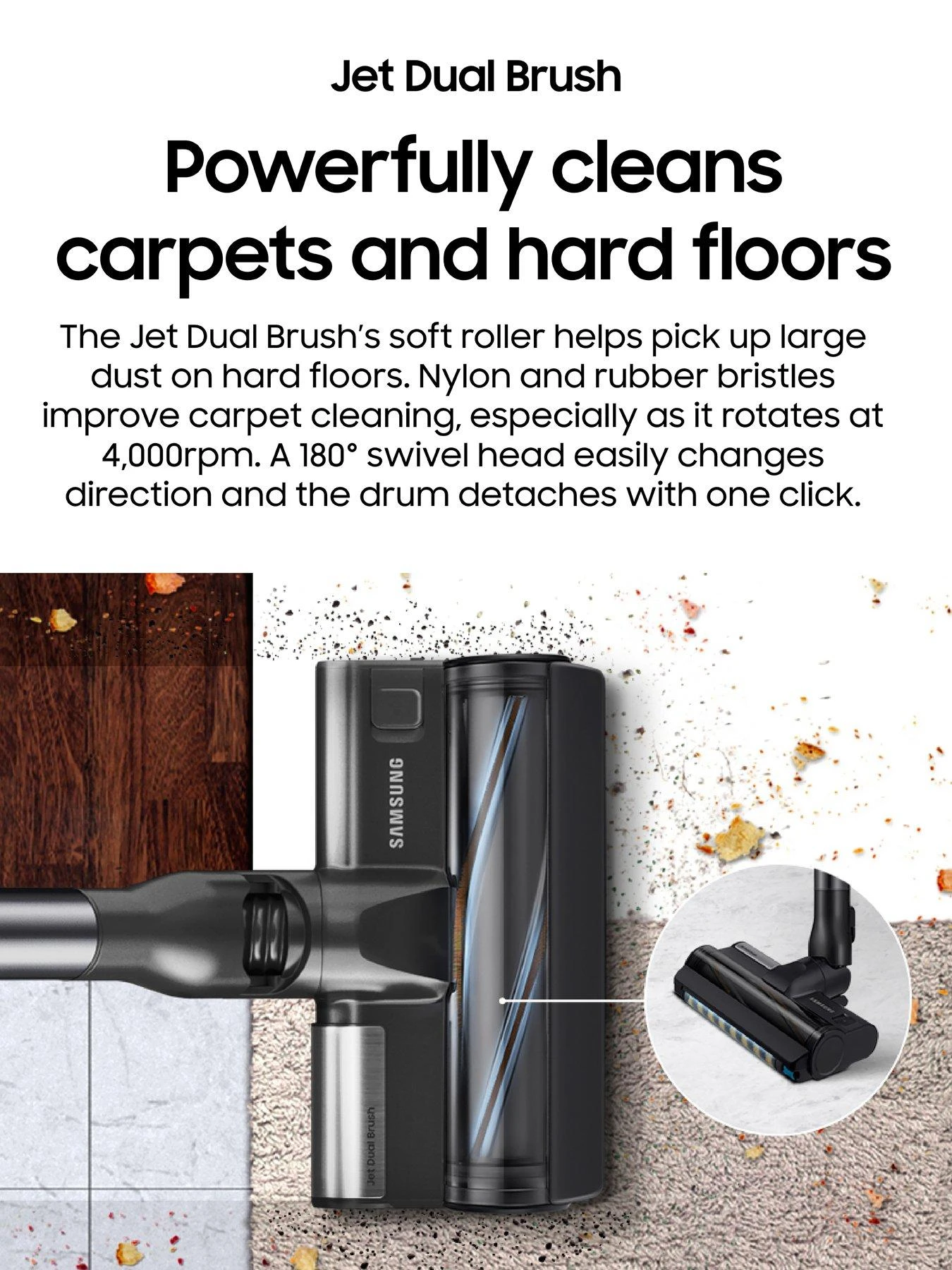 Samsung Bespoke Jet™ Pet VS20A95823W/EU Cordless Stick Vacuum Cleaner - Max 210W Suction Power With All-in-one Clean Station - Misty White - Image 7