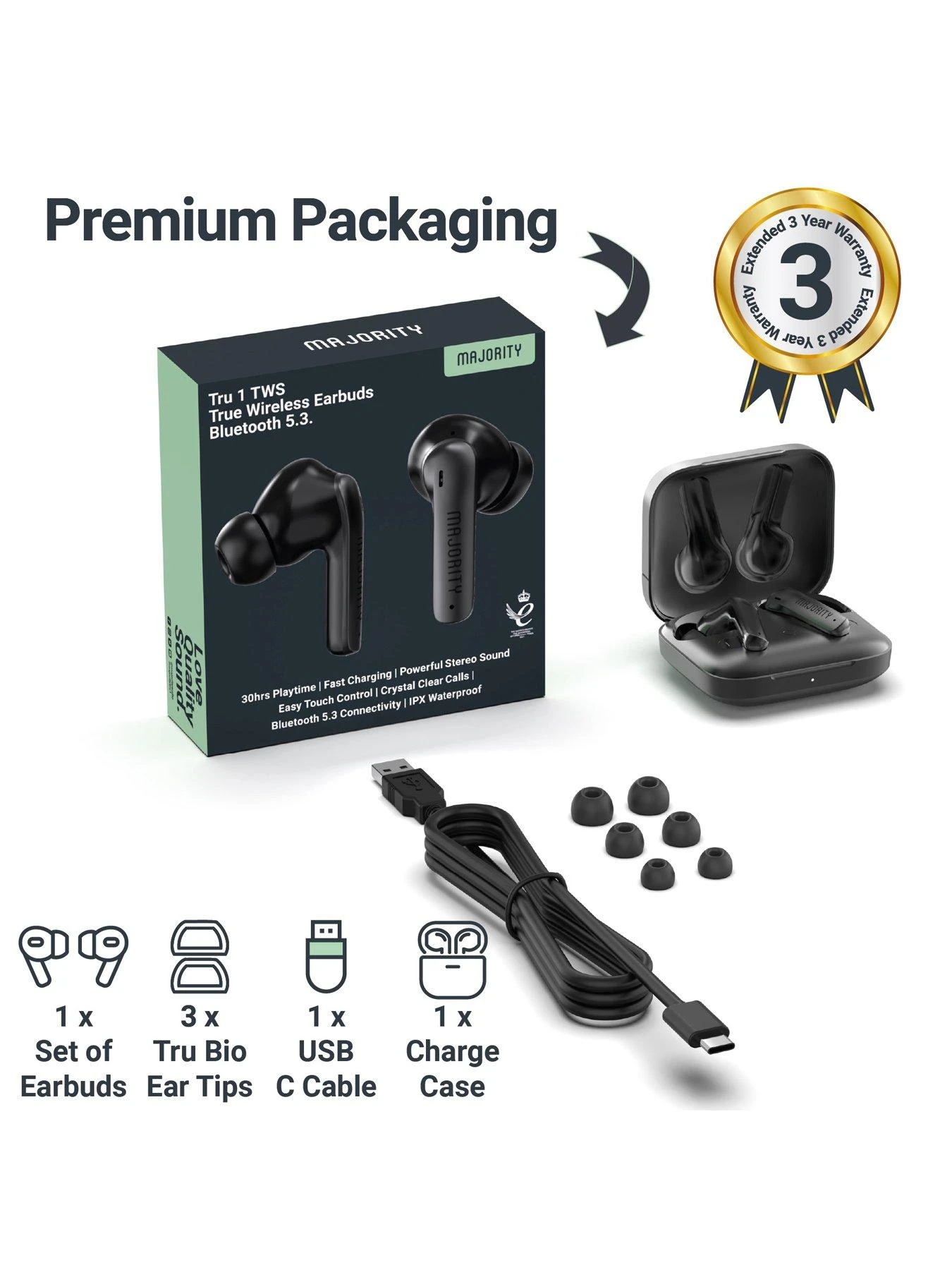 Majority TRU 1 Wireless Bluetooth Earbuds - Black - Image 7