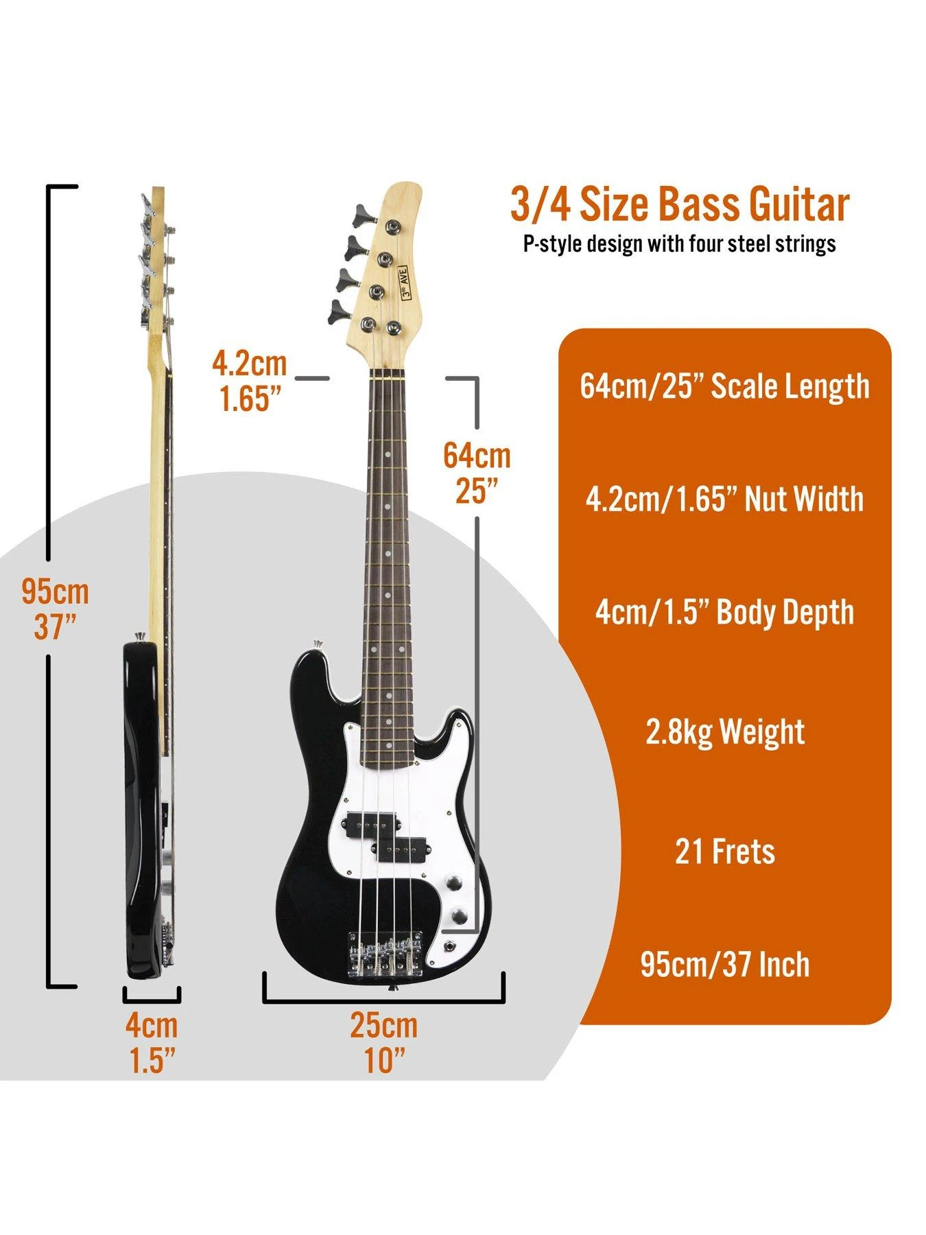 3rd Avenue 3/4 Short Scale Bass Guitar Starter Pack - Black - Image 2
