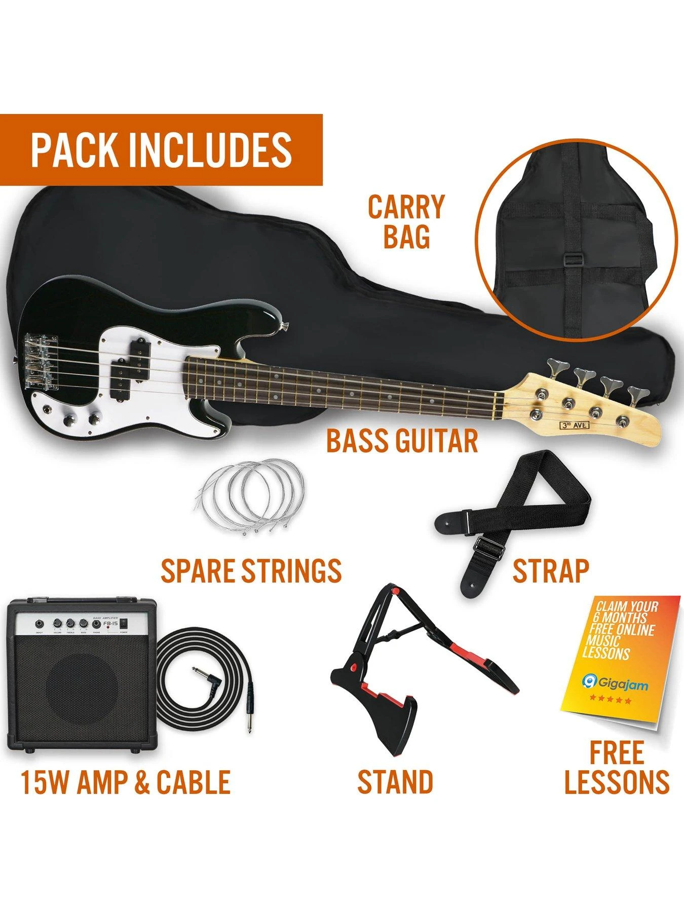 3rd Avenue 3/4 Short Scale Bass Guitar Starter Pack - Black - Image 3