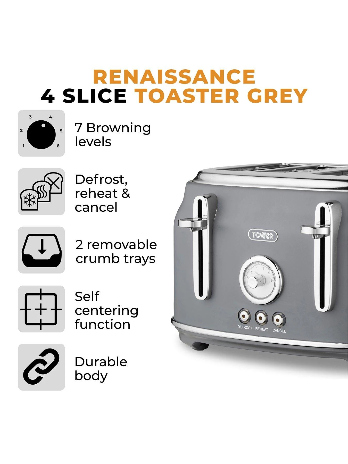 Tower T20065GRY Renaissance 4-Slice Toaster - Grey - Image 2